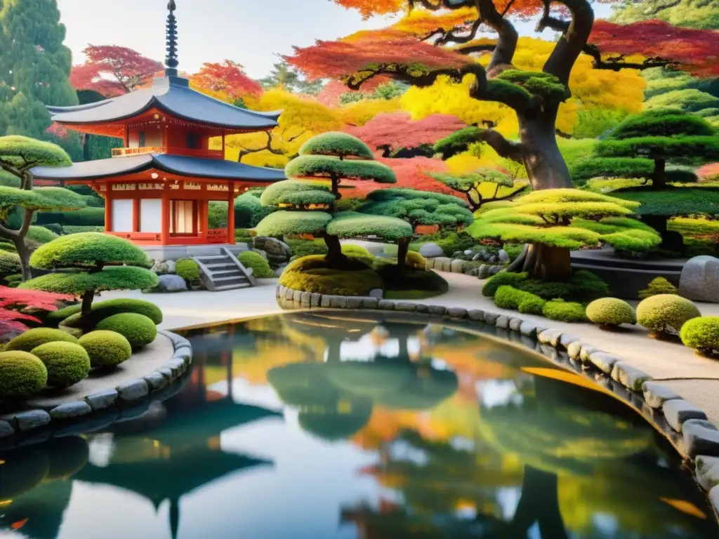 Un jardín japonés sereno con bonsáis, estanque y pagoda, evocando armonía y contemplación