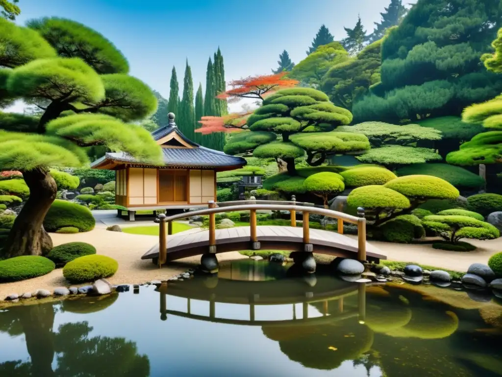 Un jardín japonés sereno con bonsáis, un estanque y una pagoda detrás de los árboles