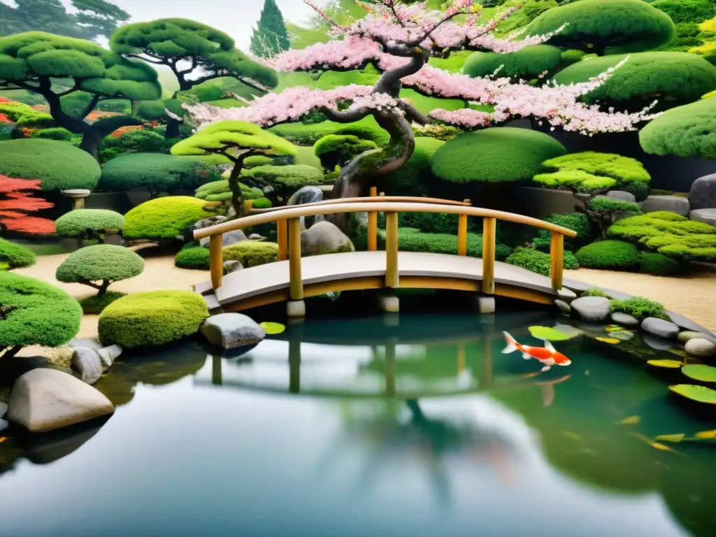 Un jardín japonés sereno con bonsáis, un estanque de koi y un puente arqueado, rodeado de vegetación y flores de cerezo
