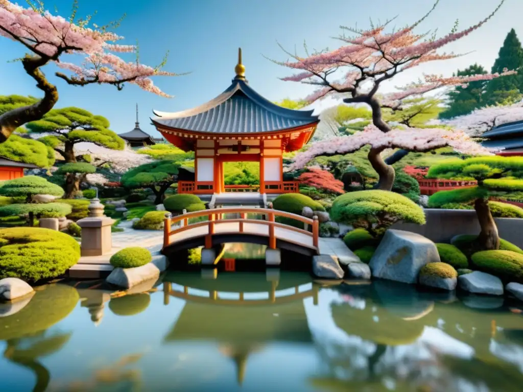 Jardín japonés sereno con bonsáis, estanque de koi, puente de madera y templo pagoda entre cerezos en flor