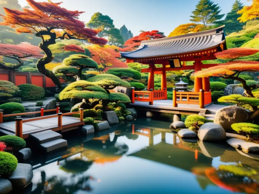 Un jardín japonés sereno con bonsáis, un estanque de koi y un torii, reflejando el follaje otoñal