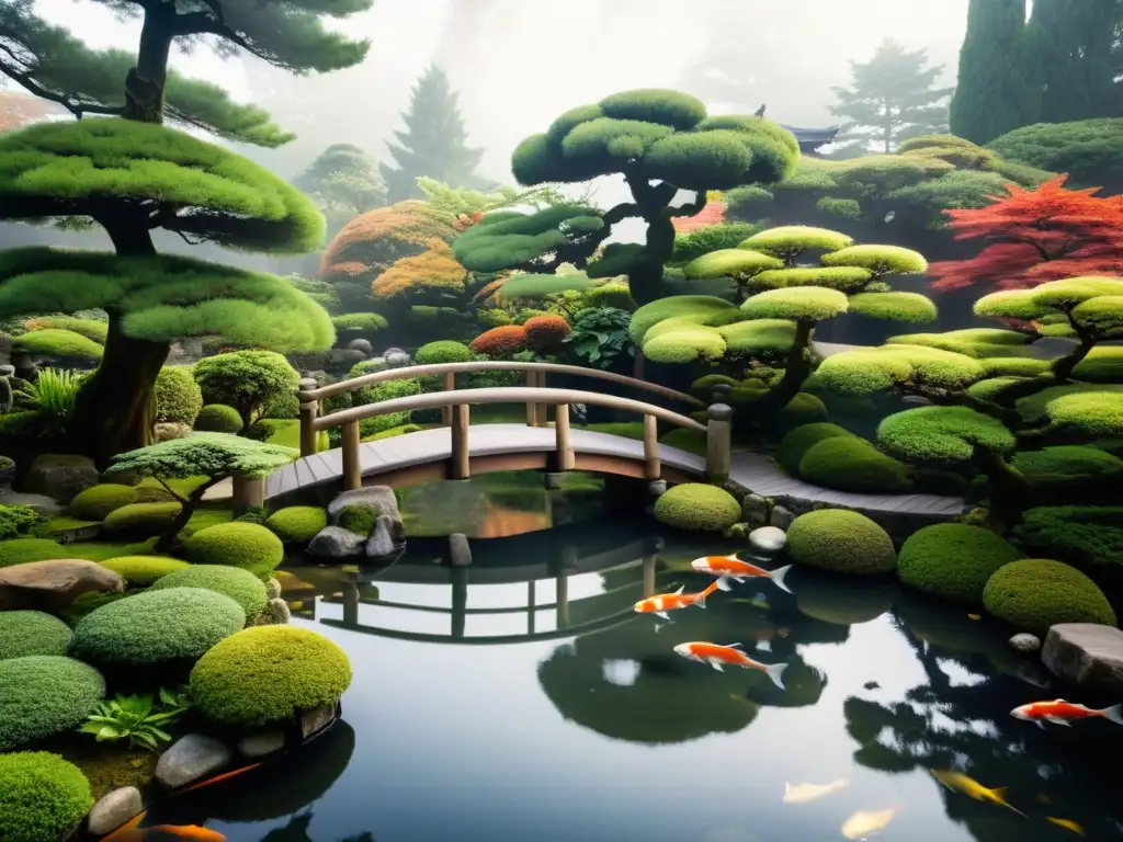 Jardín japonés sereno con bonsáis, estanque de peces koi y puente de madera