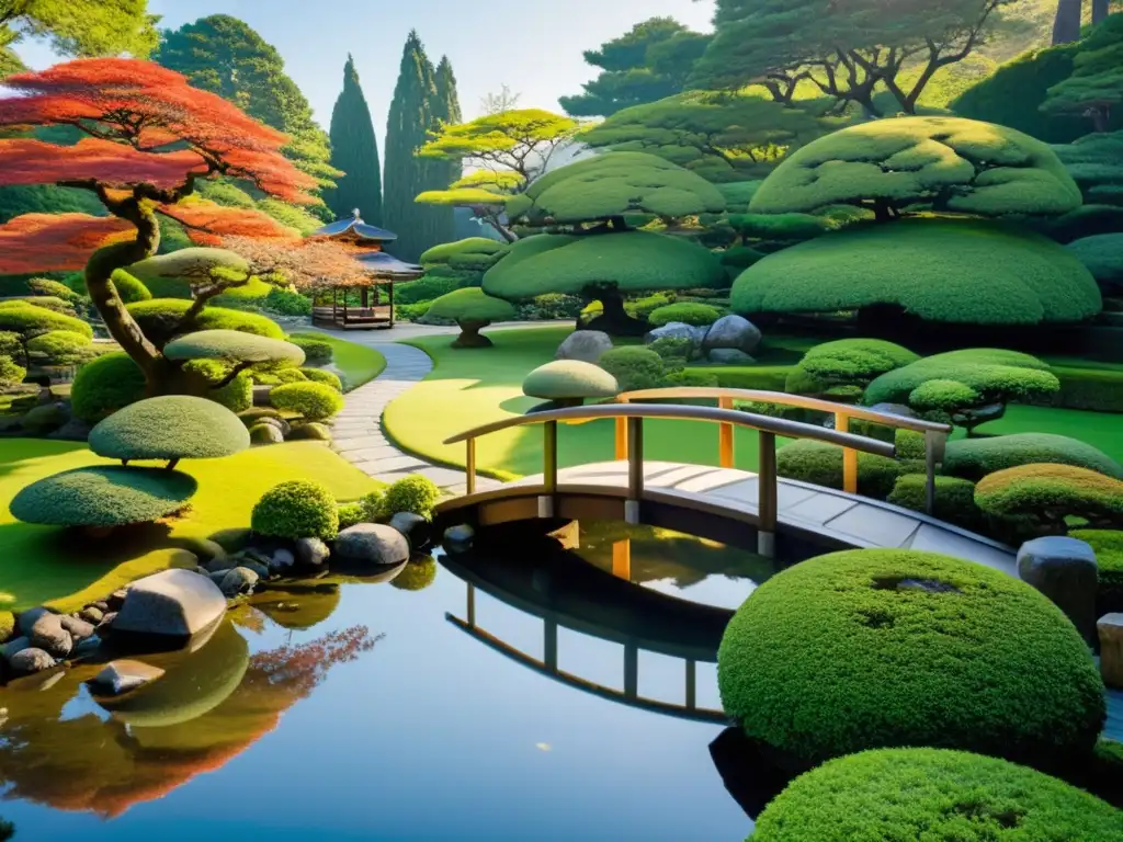 Un jardín japonés sereno con bonsáis, un estanque tranquilo, un puente de madera y un samurái meditando bajo un cerezo en flor