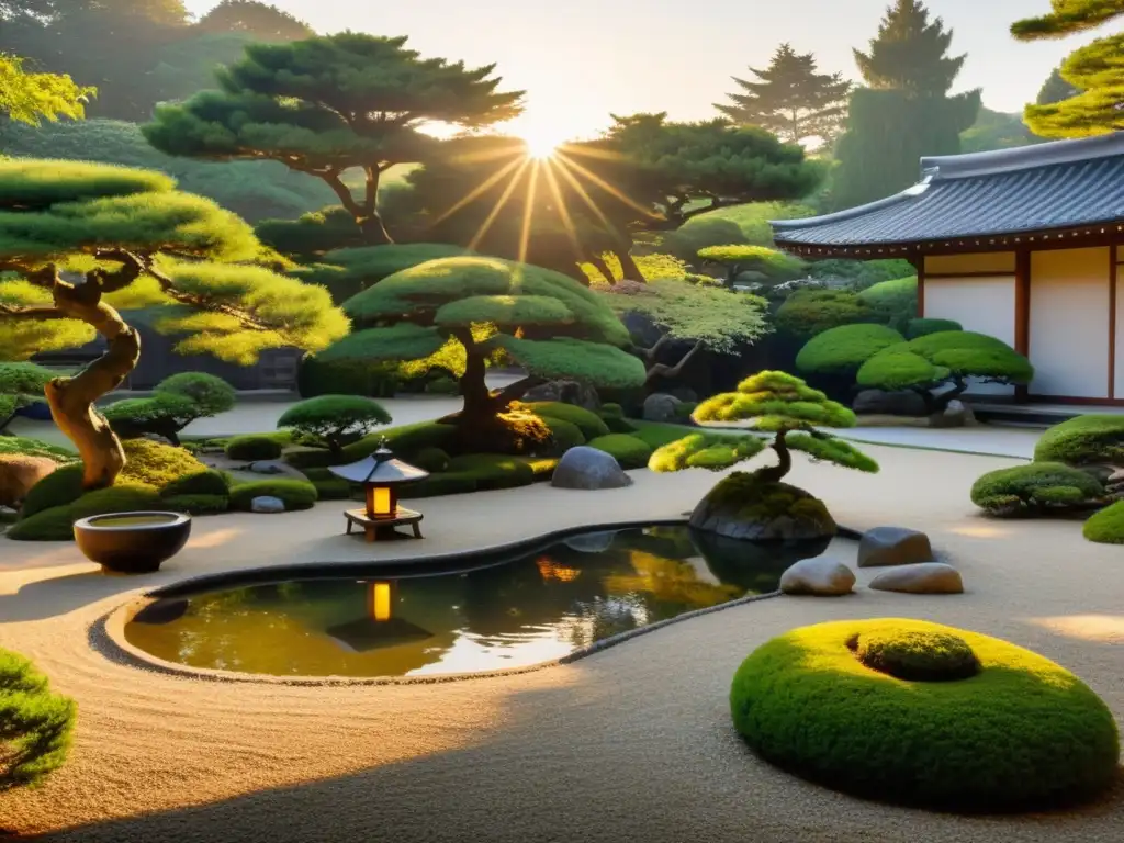 Jardín japonés sereno con bonsáis, estanque de carpas koi y casa de té tradicional