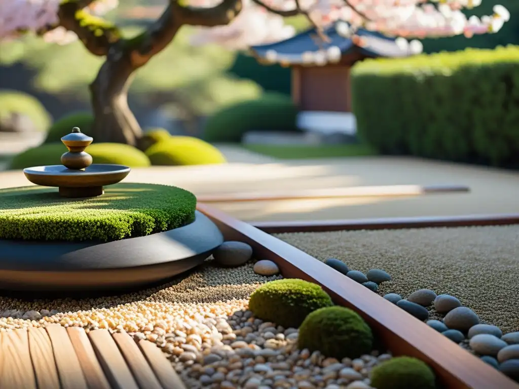 Un jardín Zen japonés sereno con bonsáis, grava y un pabellón de meditación, transmite paz y enseñanzas Zen para la Resiliencia Emocional