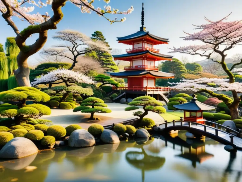 Jardín japonés sereno con bonsáis, pagoda y katana