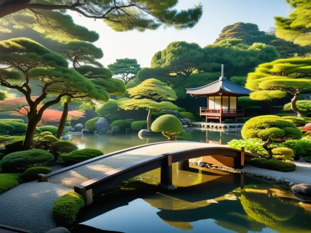 Un jardín japonés sereno con bonsáis, un puente de madera y una pagoda de piedra