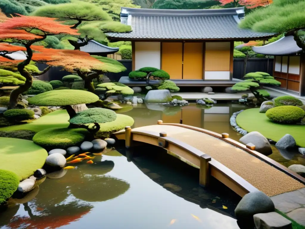 Jardín japonés sereno con bonsáis, puente de madera sobre estanque con carpas koi