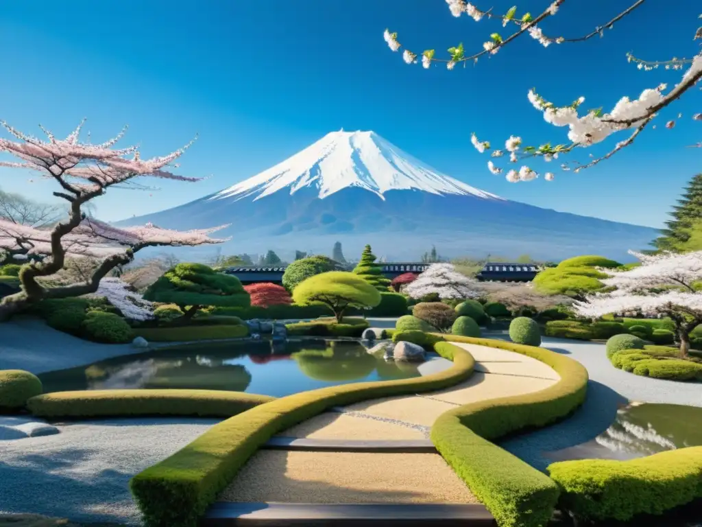 Un jardín japonés sereno con un camino de grava, un teahouse de madera y árboles de cerezo en flor, junto al majestuoso Monte Fuji