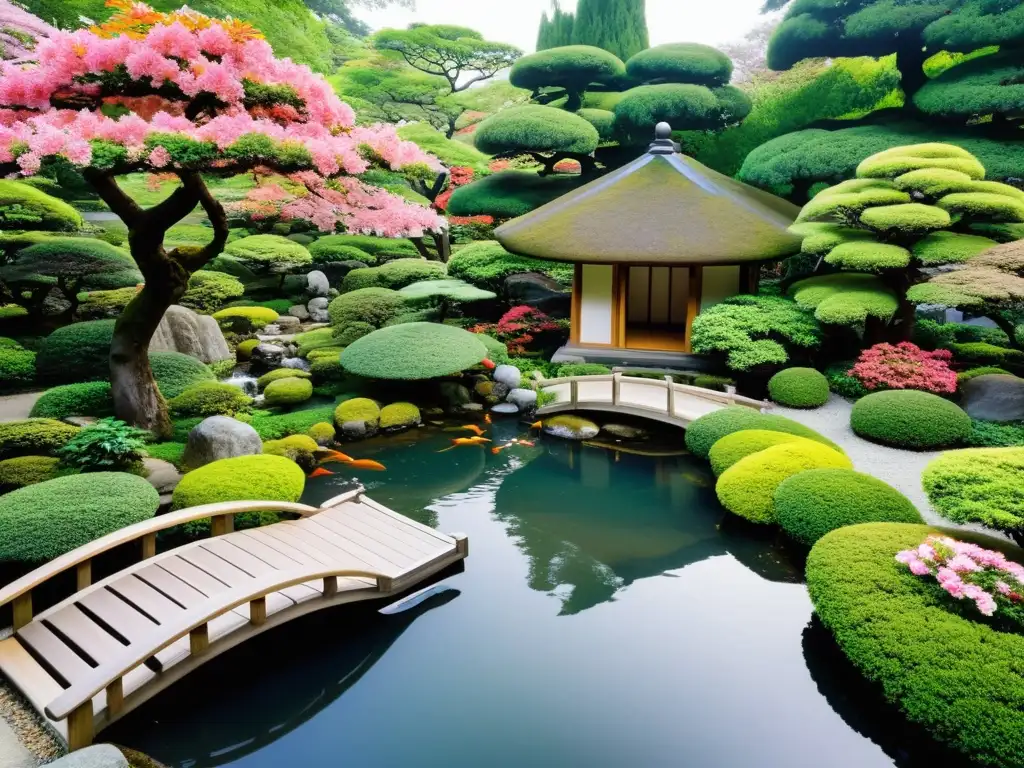 Un jardín japonés sereno con un camino de piedra serpenteante que lleva a una casa de té tradicional rodeada de bonsáis y azaleas