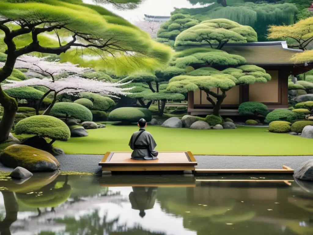 Un jardín japonés sereno con una casa de té, bambú y un samurái meditando bajo un cerezo en flor