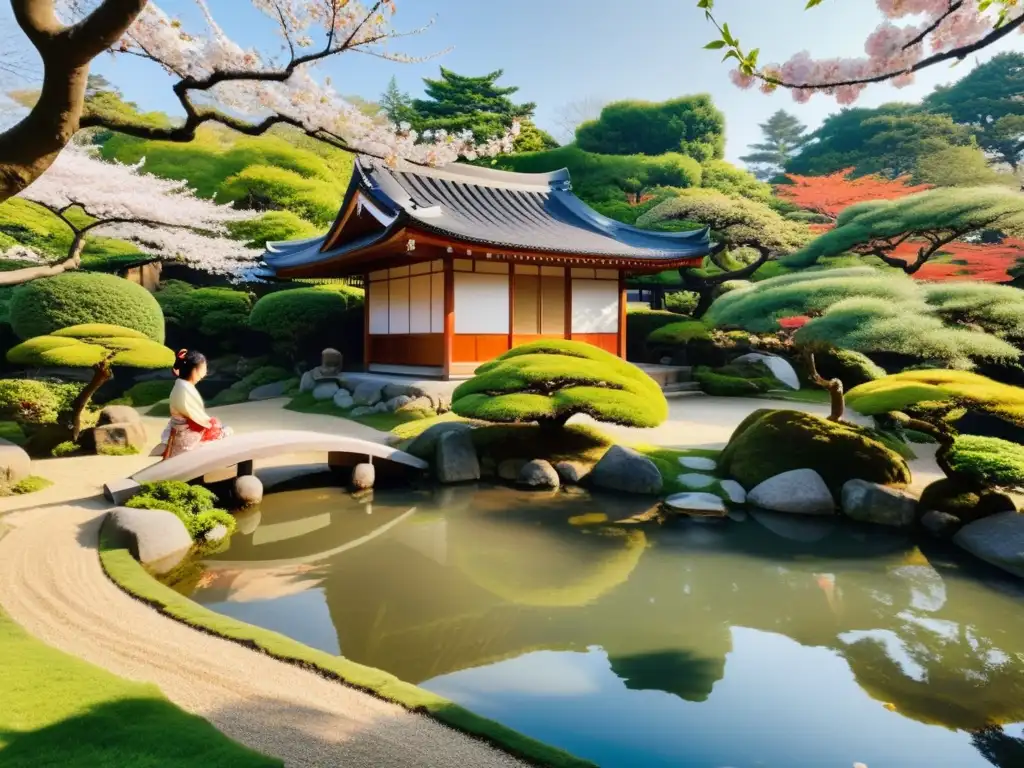 Un jardín japonés sereno con una casa de té tradicional, un estanque tranquilo y una figura en meditación