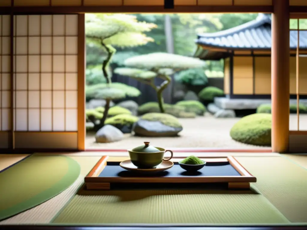 Un jardín japonés sereno con una ceremonia del té y una casa de té, capturando la esencia del Budismo Zen en la cultura samurái