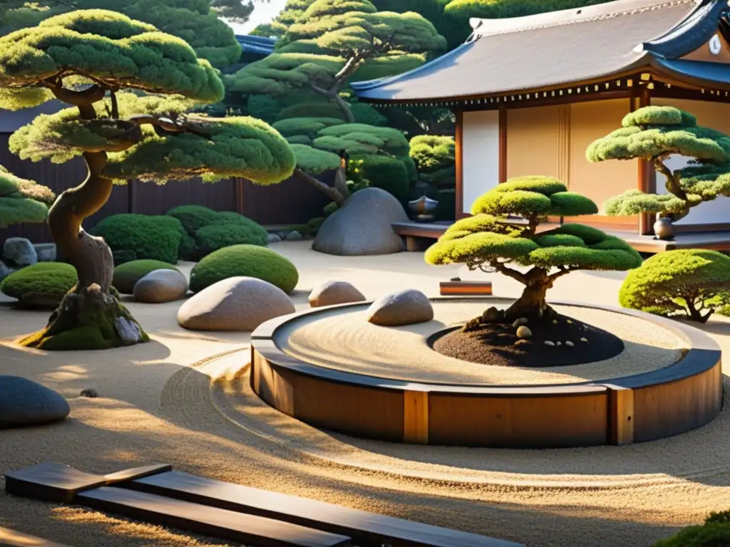 Un jardín zen japonés sereno con detalles meticulosos, bonsáis y arquitectura tradicional