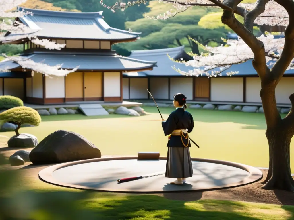 Un jardín japonés sereno con un dojo de arquería Kyudo tradicional al fondo, rodeado de árboles de cerezos en plena floración