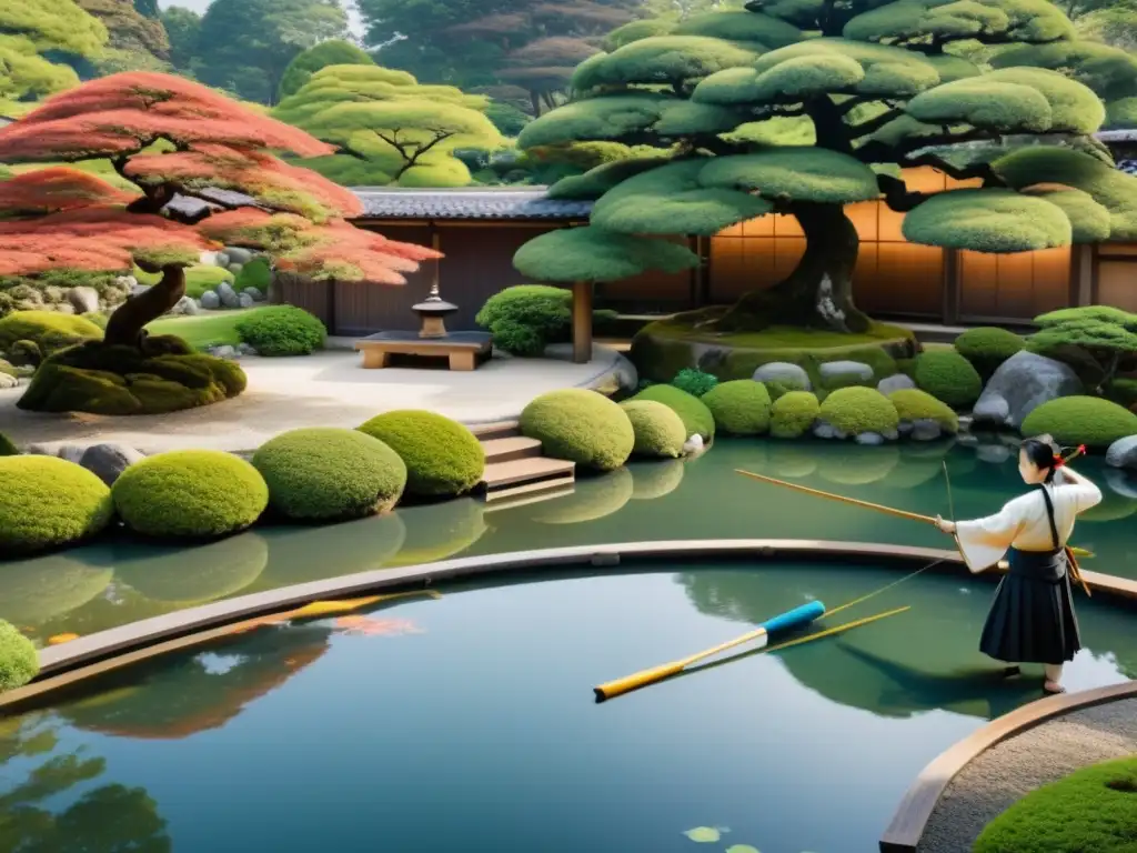 Un jardín japonés sereno con un dojo de arquería Kyudo al fondo, arquería samurái y conexión con la naturaleza