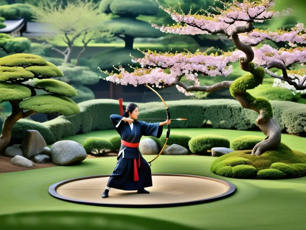 Un jardín japonés sereno con un dojo de kyudo entre bonsáis y sakuras