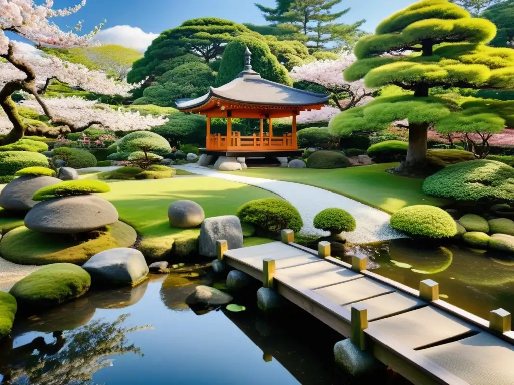 Un jardín japonés sereno con un equilibrio en la cotidianidad samurái: grava, musgo, linterna de piedra, cerezos en flor, puente y pagoda