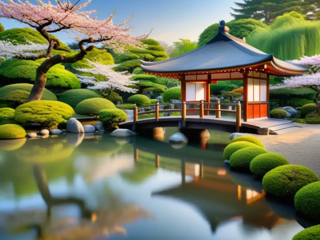 Un jardín japonés sereno con un estanque, puente de madera, teahouse y un cerezo en flor