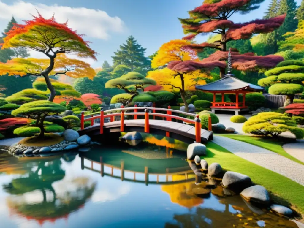 Un jardín japonés sereno con un estanque, puente de madera y pagoda entre colores otoñales, reflejando la influencia samurái en jardines japoneses