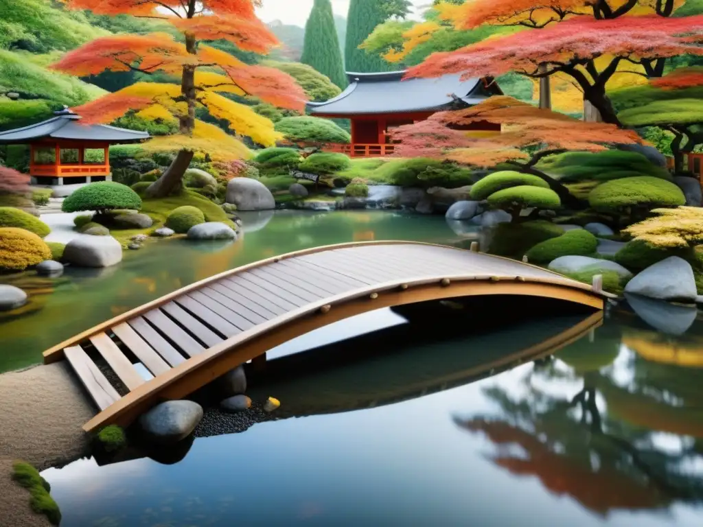 Un jardín zen japonés sereno con un estanque, puentes de madera y colores vibrantes del otoño