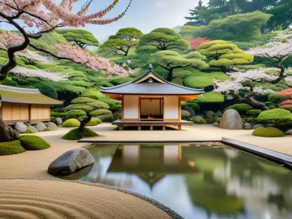 Un jardín japonés sereno con un estanque, un refugio de meditación y un samurái en contemplación