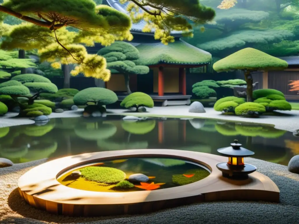 Un jardín japonés sereno con un estanque tranquilo y un armadura samurái, fusionando la filosofía budista con la influencia samurái