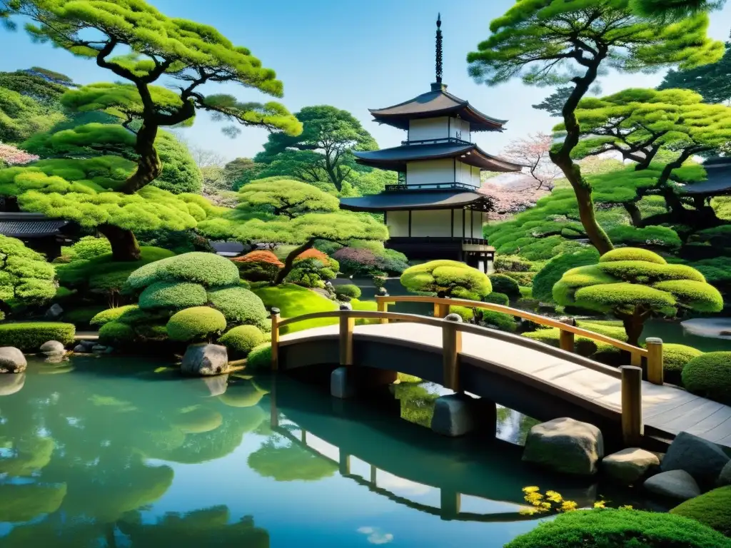 Un jardín japonés sereno y exuberante con un samurái en contemplación