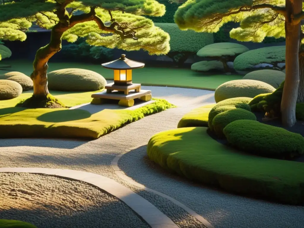 Un jardín japonés sereno con farol de piedra, árboles podados y musgo vibrante