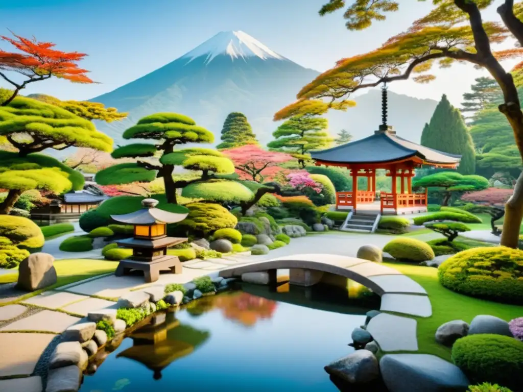 Un jardín japonés sereno con farol de piedra, vegetación exuberante y un arroyo tranquilo