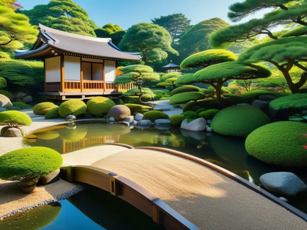 Un jardín japonés sereno, con grava cuidadosamente rastrillada, un puente sobre un estanque tranquilo, y vegetación vibrante