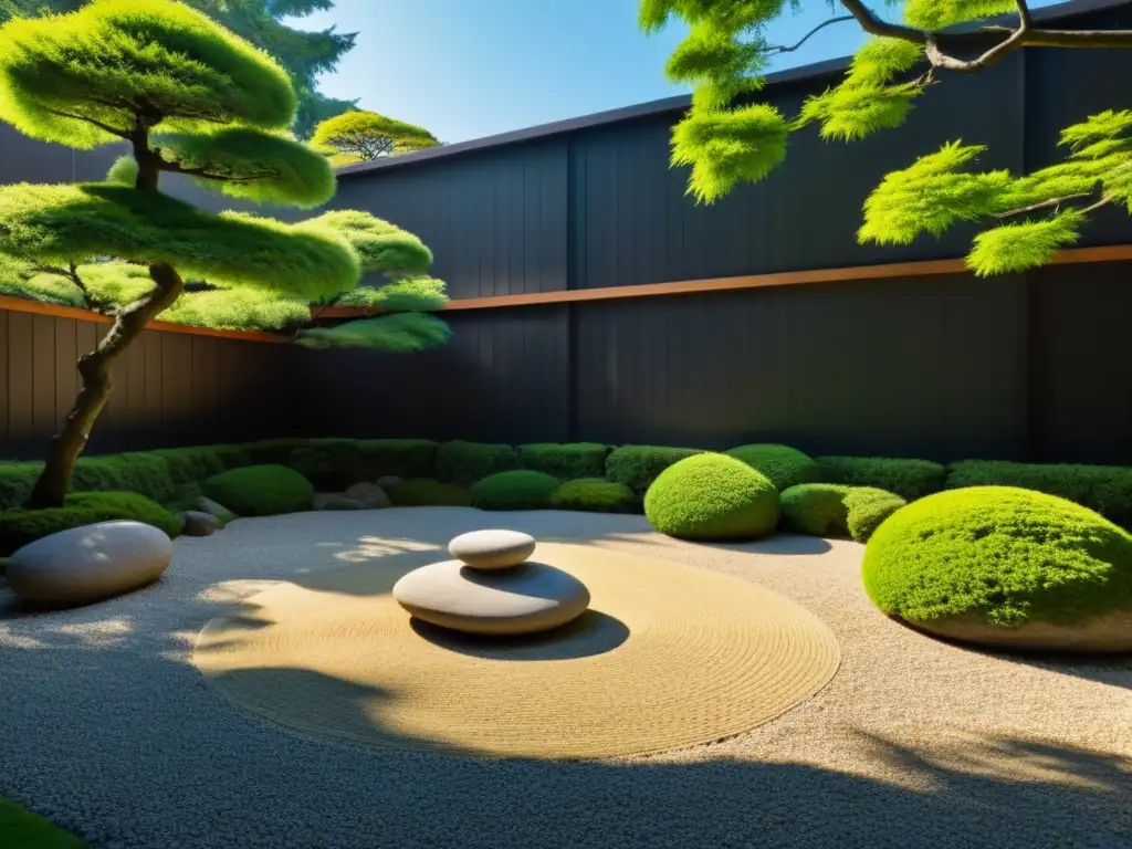 Un jardín japonés sereno y minimalista con patrones cuidadosamente rastrillados en grava que rodean algunas piedras grandes cubiertas de musgo