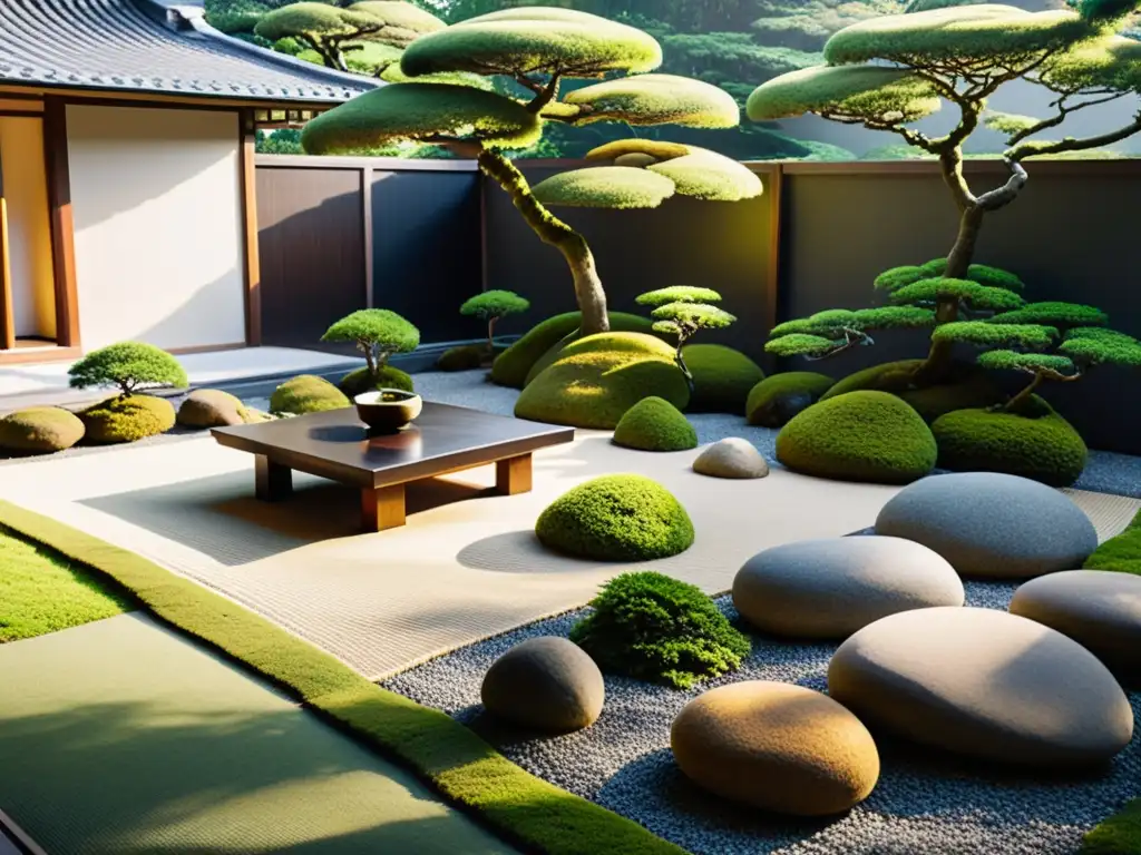 Un jardín japonés sereno y minimalista, con rocas y bonsáis cuidadosamente colocados, bañado por la luz de la tarde