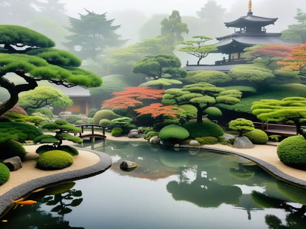 Un jardín japonés sereno en la niebla