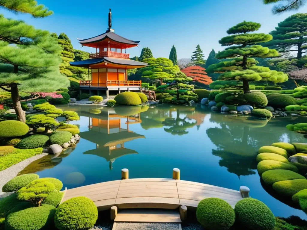 Un jardín japonés sereno con un paisaje armonioso, un puente de madera y una pagoda, reflejando la influencia samurái en jardines japoneses