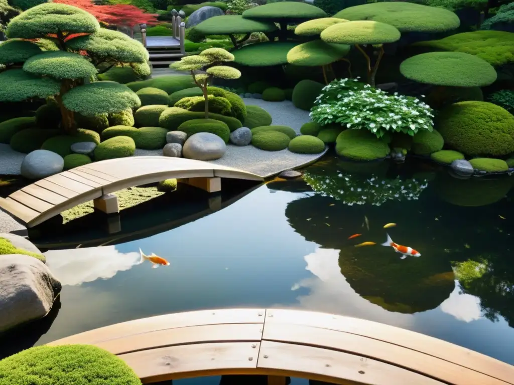 Un jardín japonés sereno con paisajes exuberantes y una arquitectura tradicional