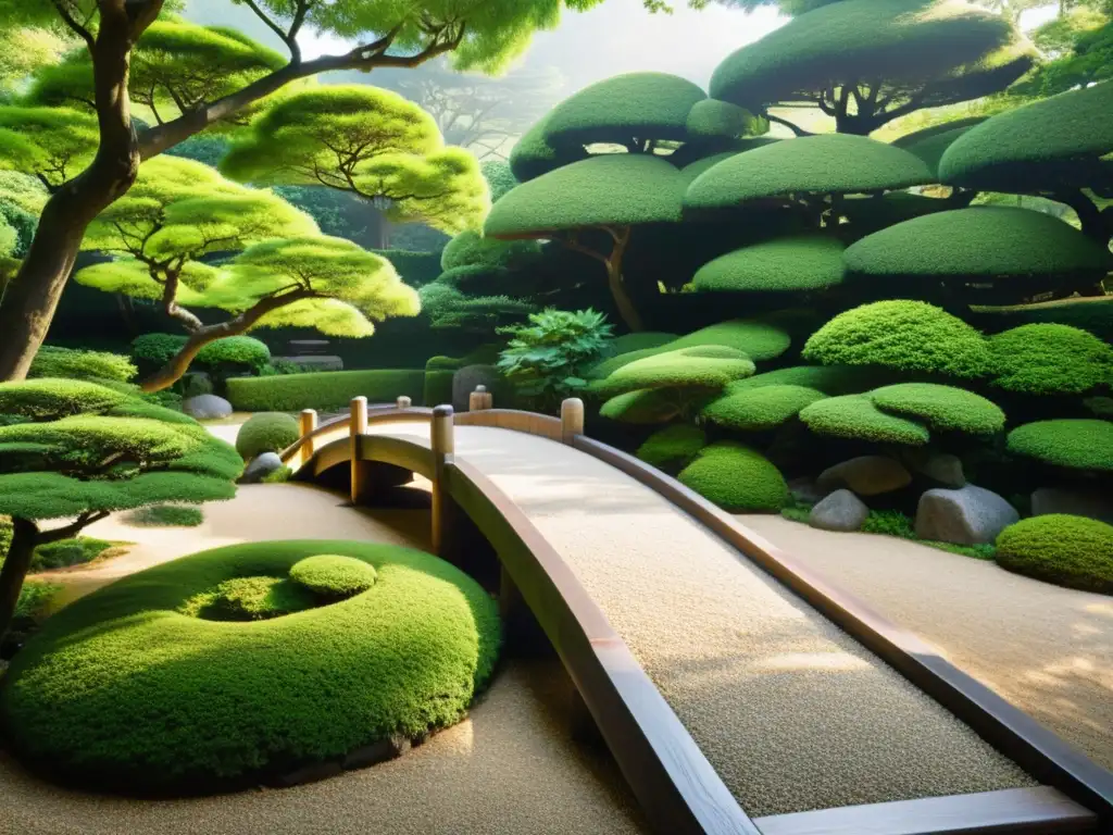 Un jardín japonés sereno con patrones de grava meticulosamente cuidados, exuberante vegetación y un puente de madera tradicional que conduce a un templo pacífico entre los árboles