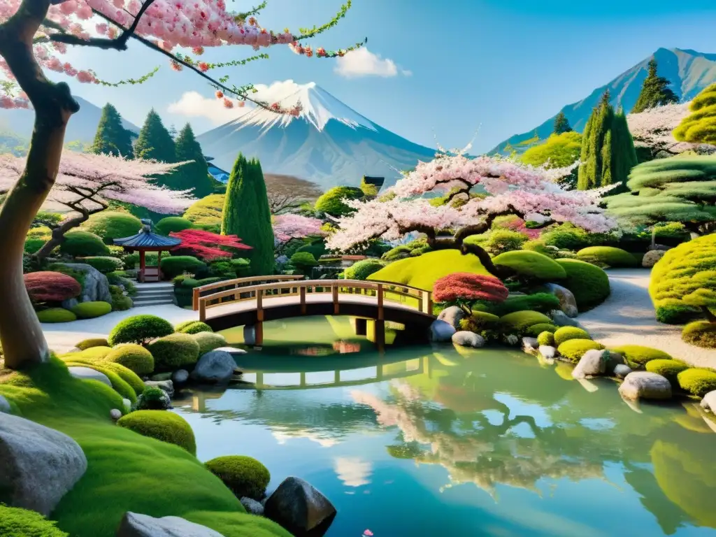 Un jardín japonés sereno con prácticas Zen para conectar naturaleza, senderos de grava, koi en estanque, cerezos en flor y montañas al fondo