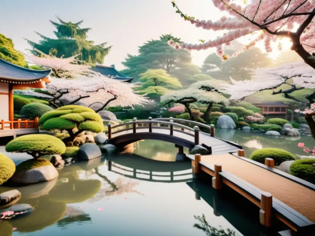 Un jardín japonés sereno con puente de madera sobre estanque, árboles de cerezo y samuráis, reflejando el arte del haiku en la cultura samurái