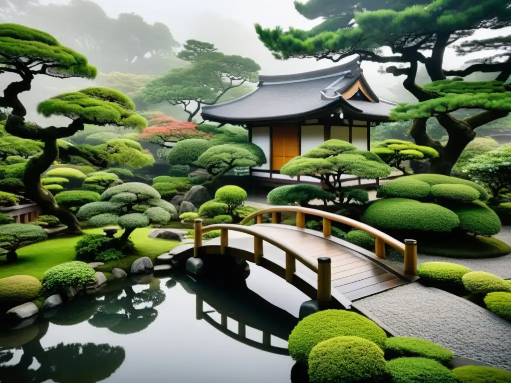 Un jardín japonés sereno con un puente de madera sobre un arroyo, bonsáis y un templo en la niebla