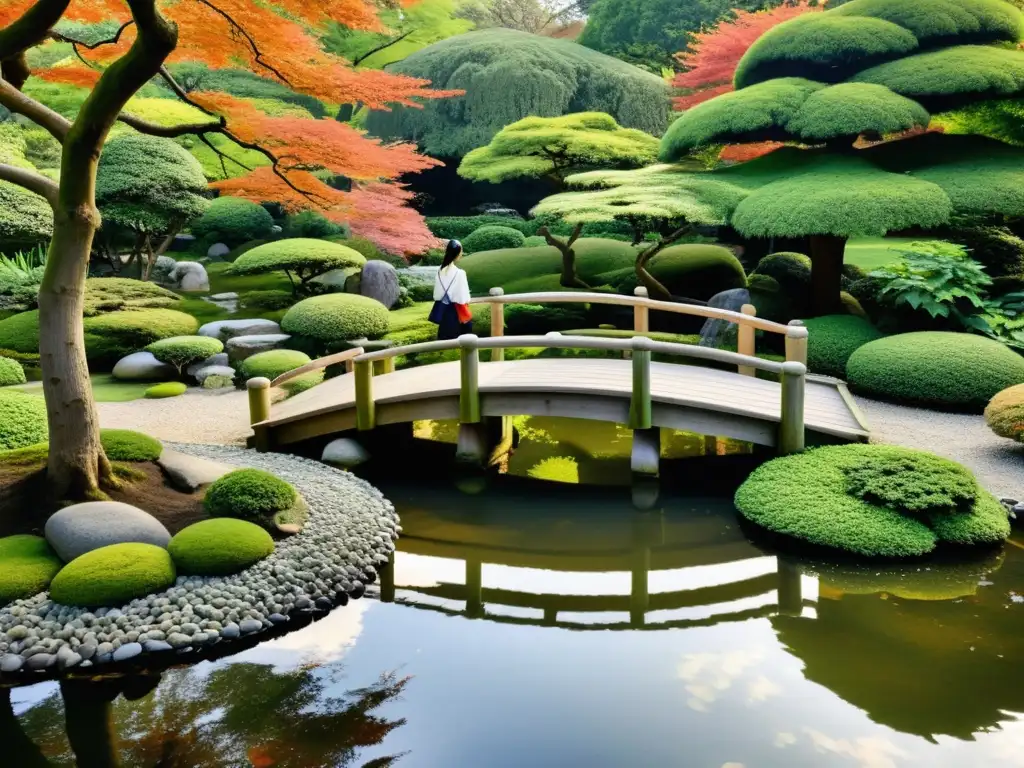 Jardín japonés sereno con samurái Un jardín japonés sereno con un puente de madera sobre un estanque, koi y un samurái en contemplación