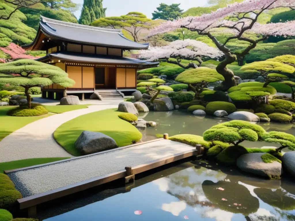 Un jardín japonés sereno con puente de madera sobre estanque, árbol de cerezo en flor y templo tradicional