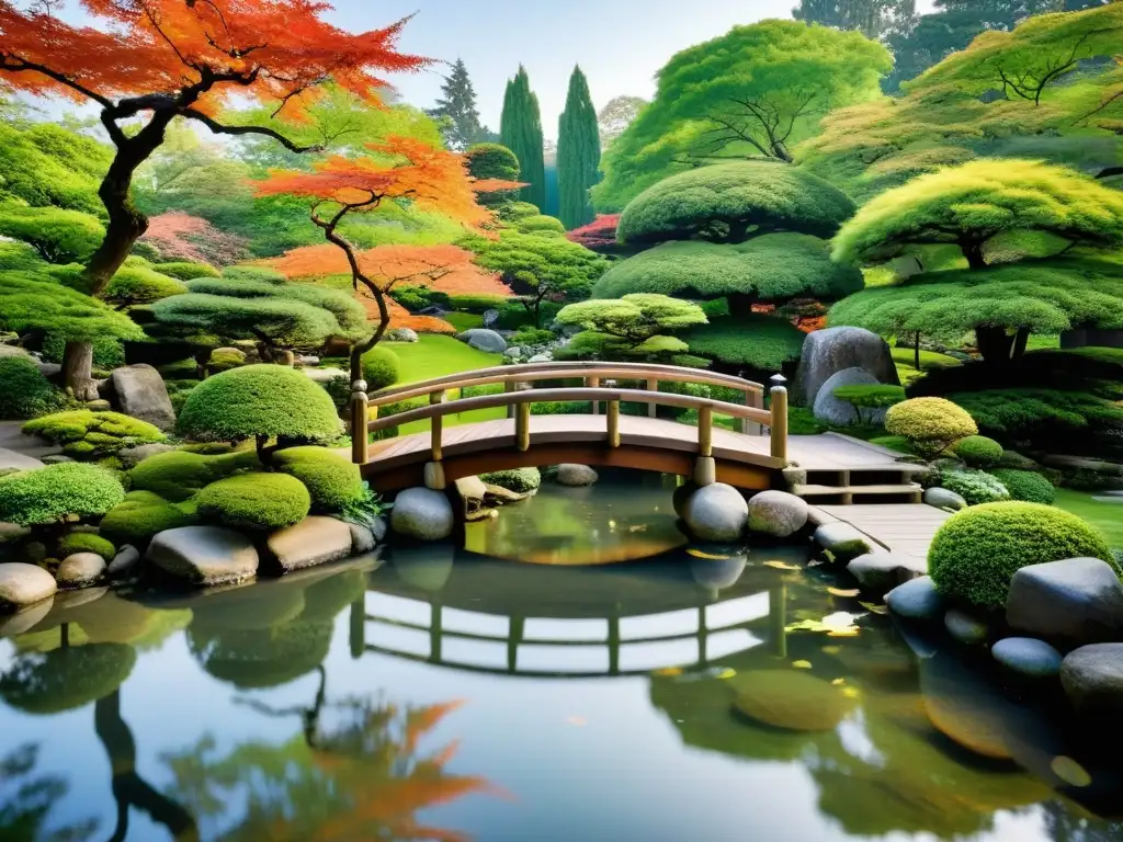 Un jardín japonés sereno con puente de madera sobre un estanque, reflejando los colores vibrantes de los arces