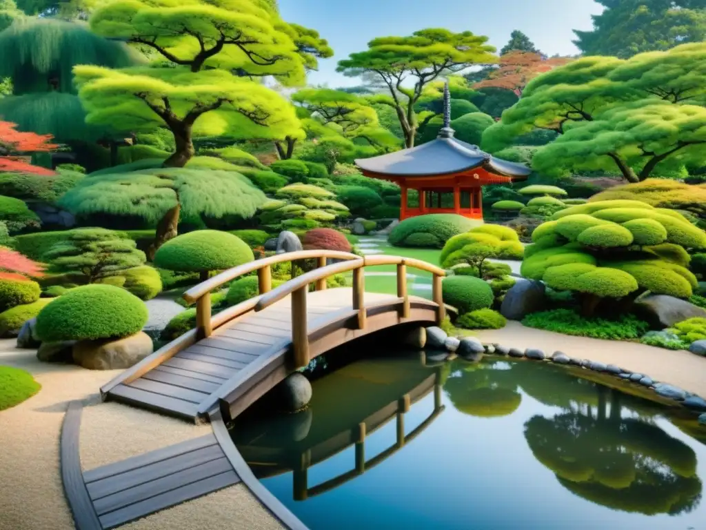 Un jardín japonés sereno con un puente de madera tradicional y un estanque tranquilo, reflejando los colores vibrantes de la naturaleza