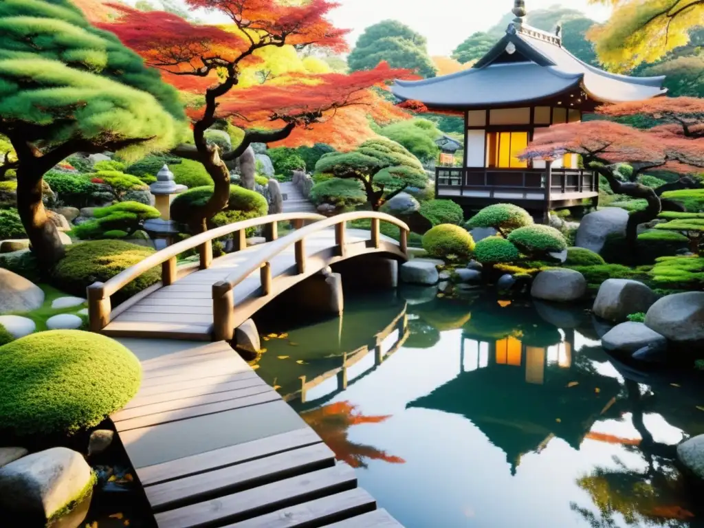 Un jardín japonés sereno con un puente de madera sobre un estanque tranquilo, koi vibrantes, bonsáis y pagoda