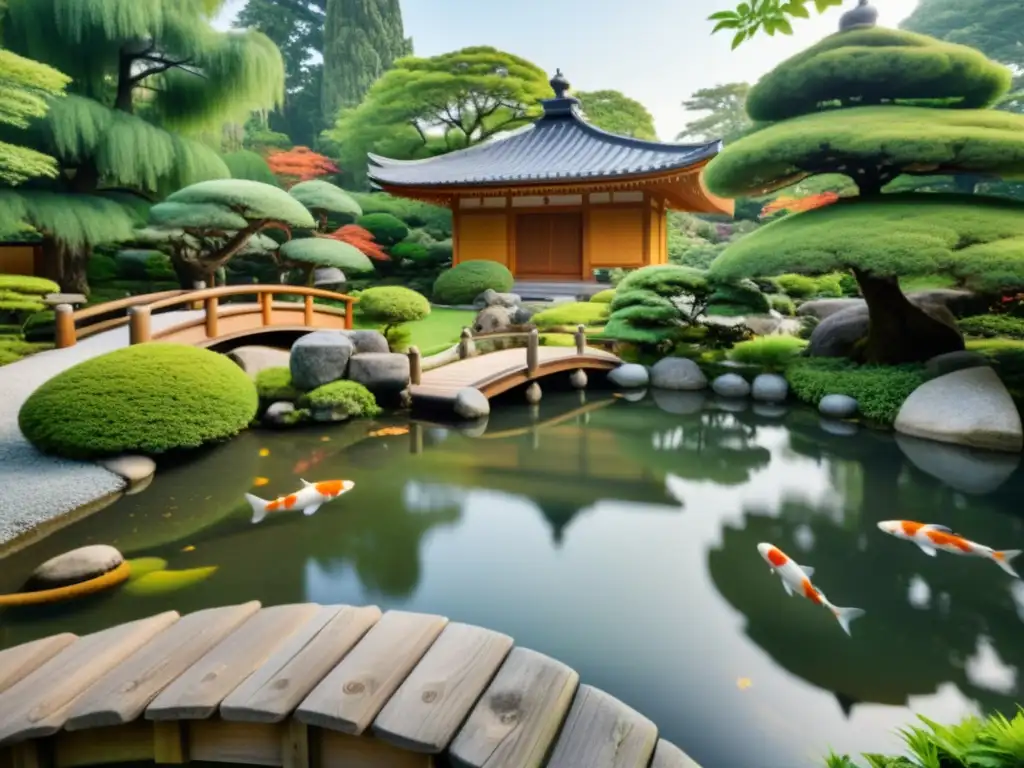 Un jardín japonés sereno con puente de madera, rocas y estanque con peces koi