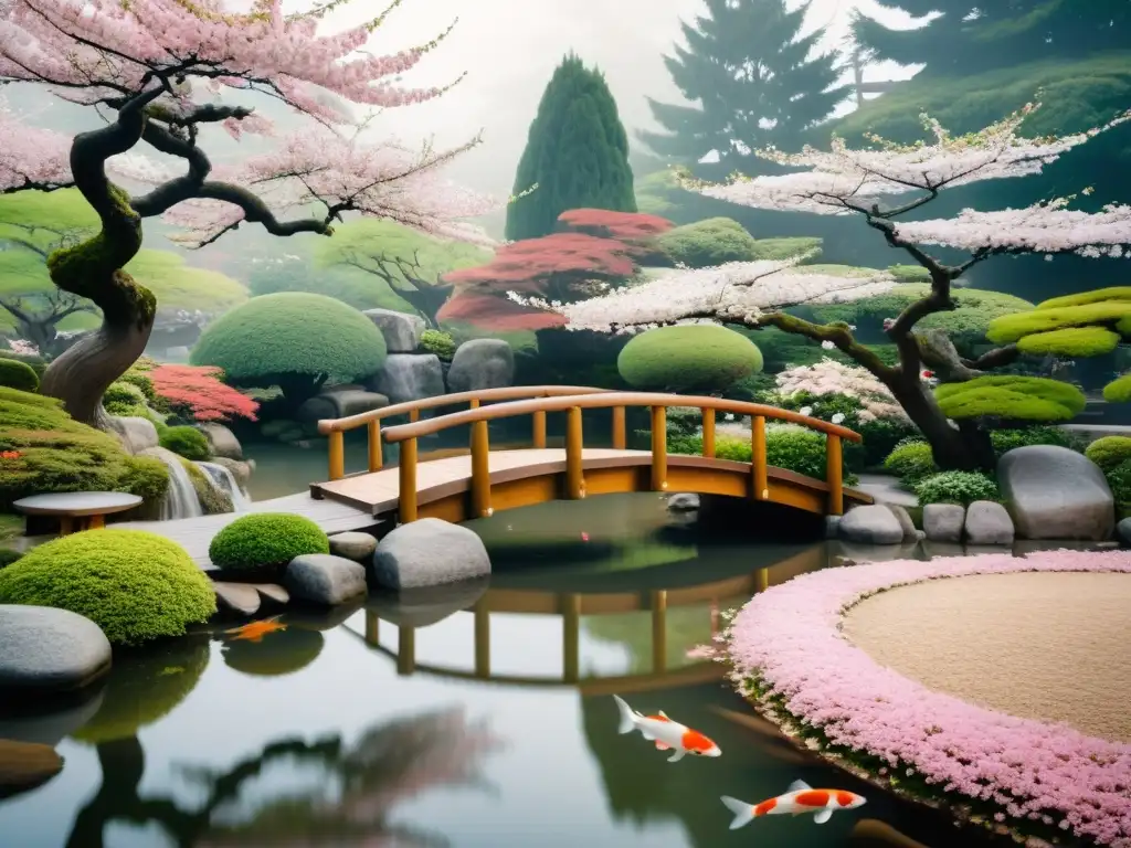 Un jardín japonés sereno con un puente de madera sobre un estanque de peces koi, rodeado de árboles de cerezo en flor