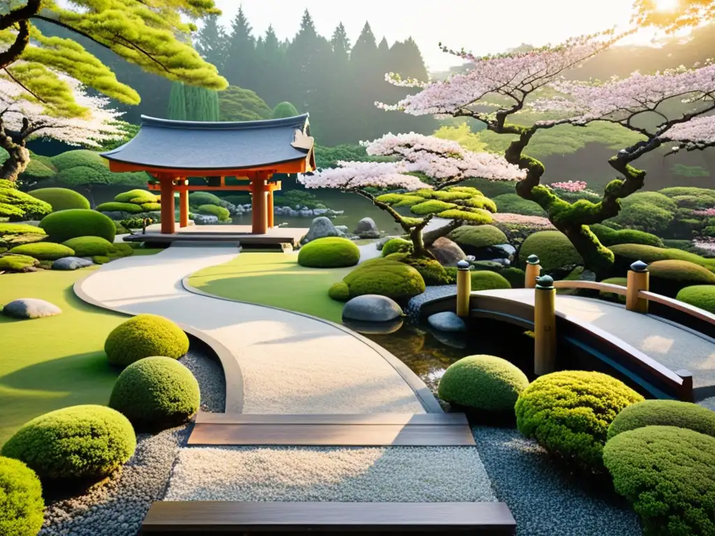 Un jardín japonés sereno con un puente de madera, estatuas de samuráis, un estanque y árboles de cerezo en flor