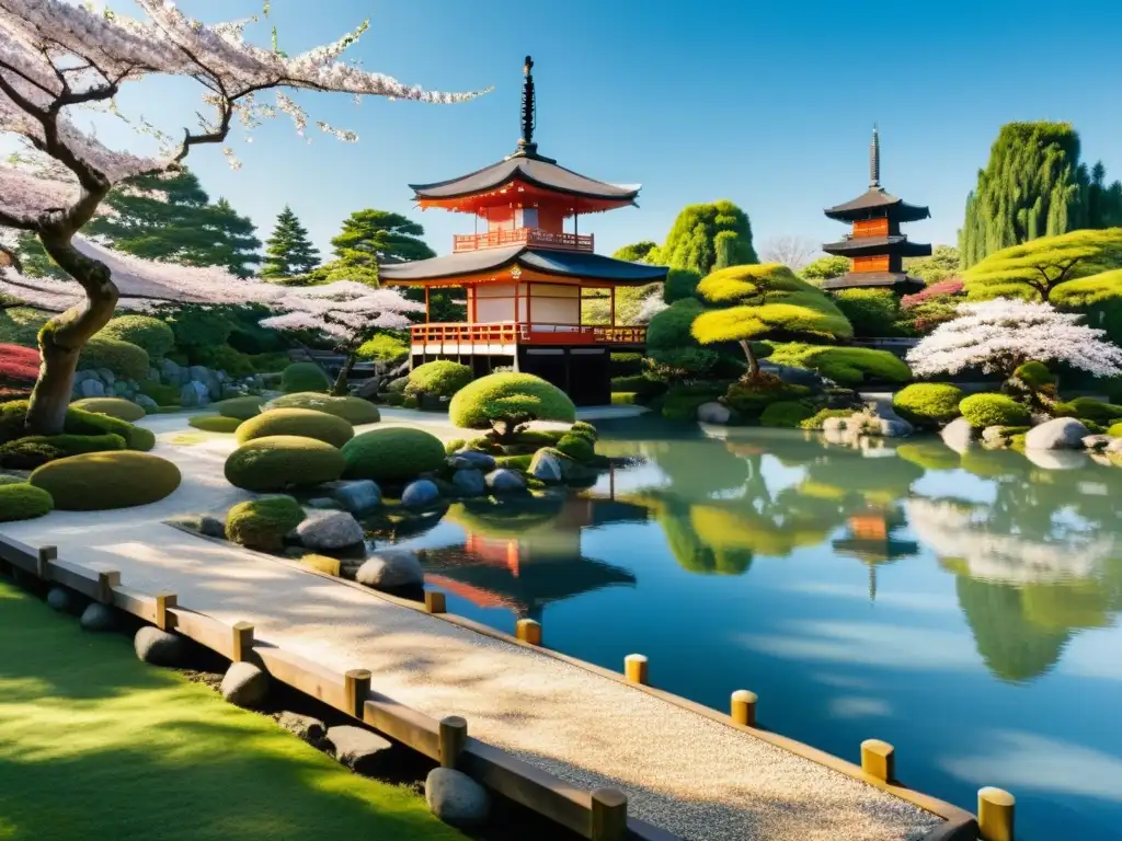 Un jardín japonés sereno con puente de madera y pagoda, perfecto para técnicas de meditación samurái para mindfulness