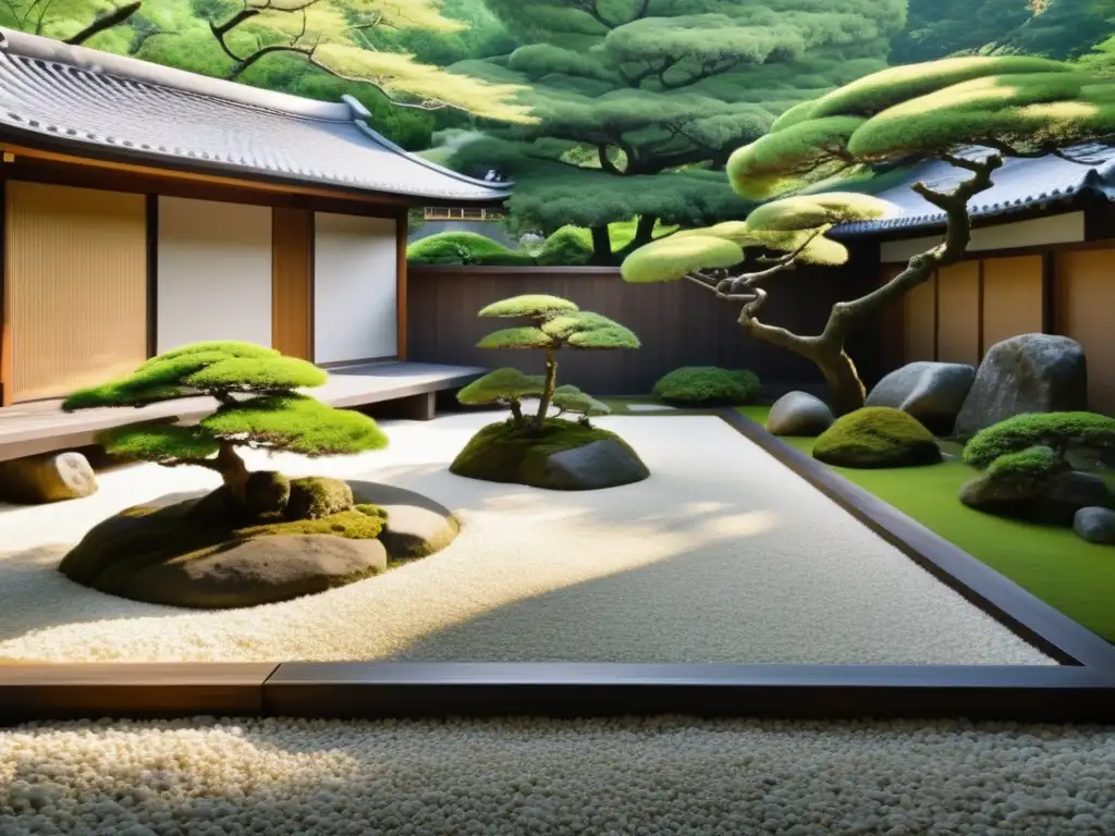 Un jardín japonés sereno con rocas, árboles podados y una casa de té tradicional entre vegetación exuberante